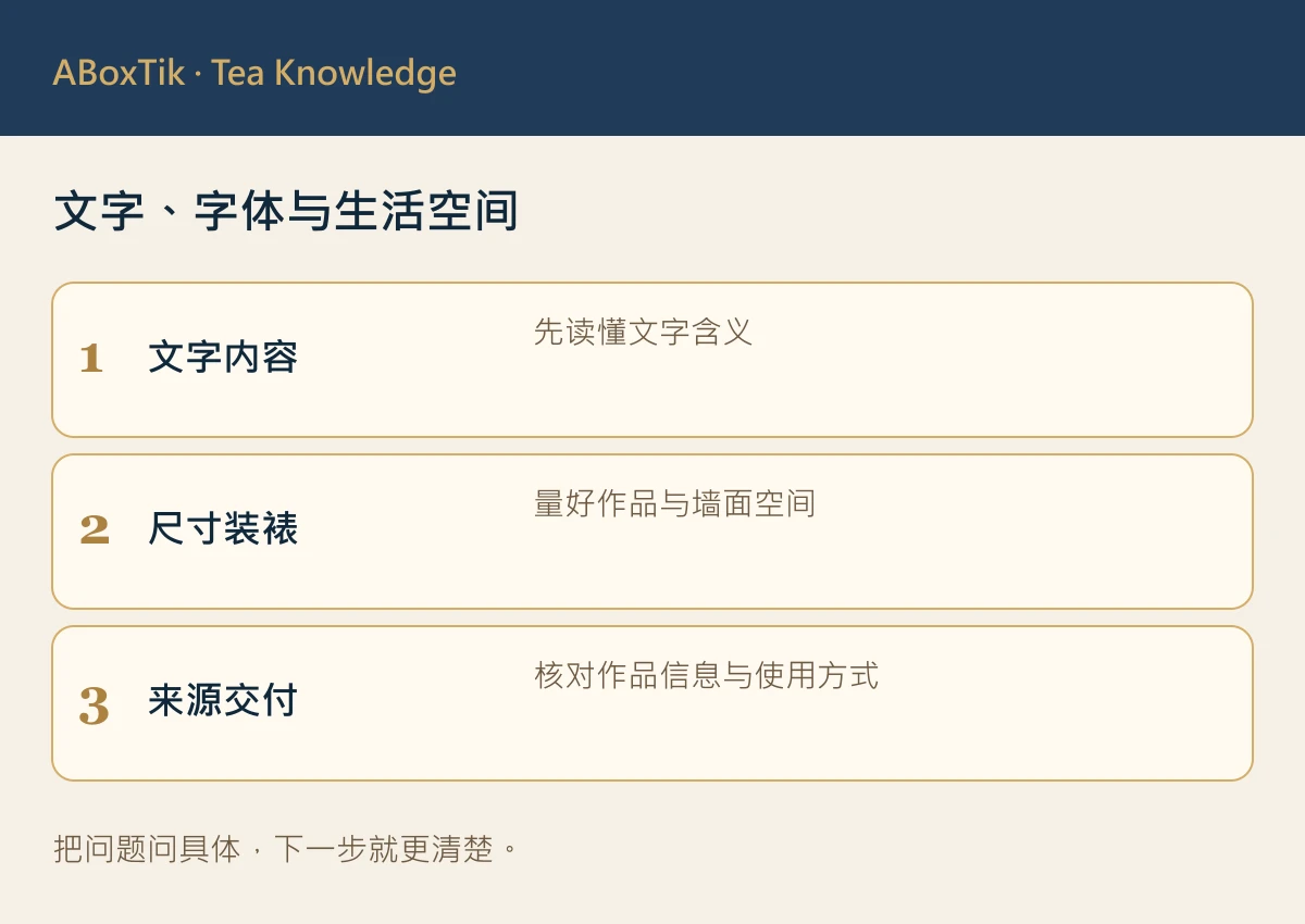 文字、字体与生活空间: 文字内容, 尺寸装裱, 来源交付