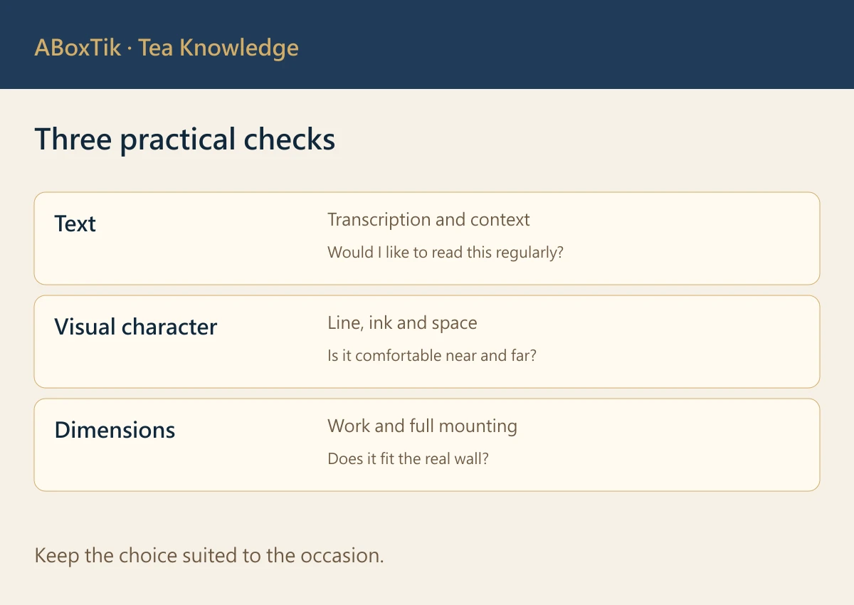 Three practical checks: Text, Visual character, Dimensions