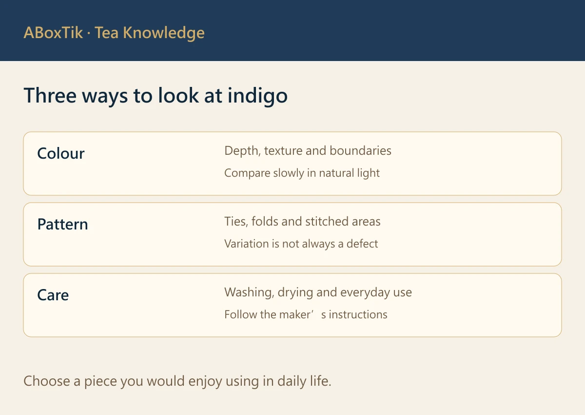 Taiwan Indigo Dyeing: Layers, Patterns and Everyday Use - ABoxTik 一盒精品 3 Indigo appreciation diagram showing colour depth, white space and questions about washing and drying