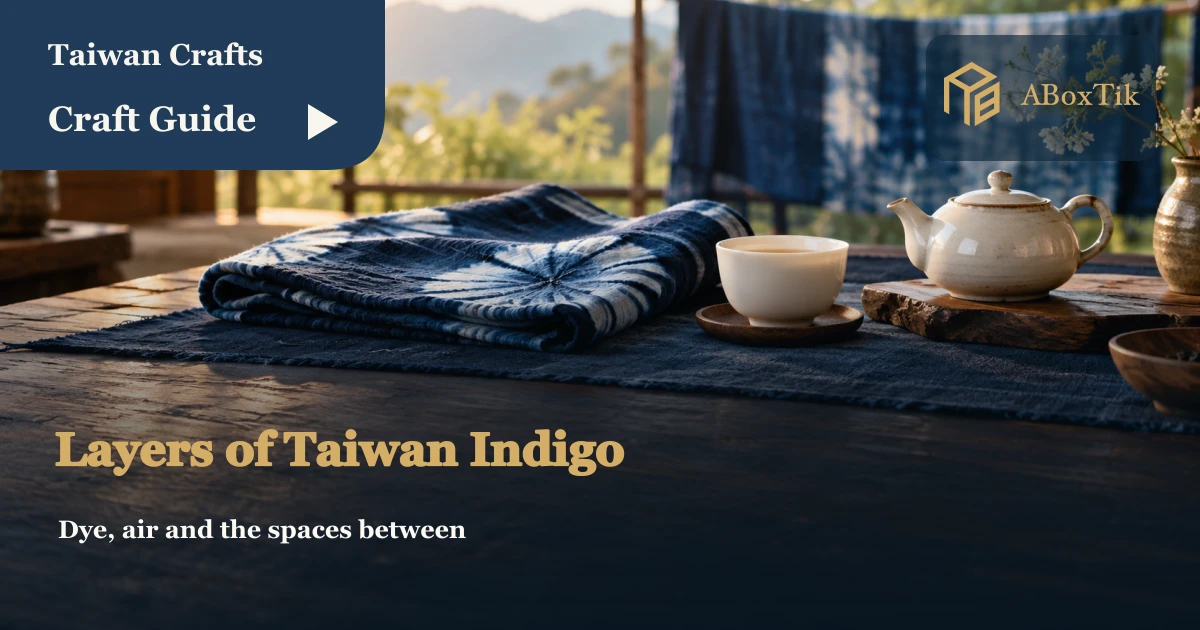 Taiwan Indigo Dyeing: Layers, Patterns and Everyday Use - ABoxTik 一盒精品 1 Indigo-dyed cloth on a wooden table beside white porcelain tea ware, with another blue textile hanging behind