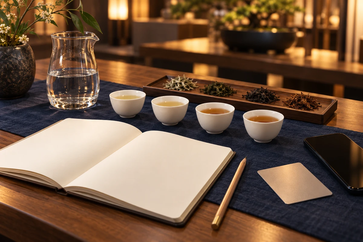 Taiwan International Tea Expo 2026: Dates, Tickets and Visitor Guide - ABoxTik 一盒精品 3 Small tasting cups, water, a notebook and a transit card in a thoughtful expo kit