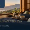Illustrative Taiwanese tea gift setting with a navy box, tea cups and a blank card