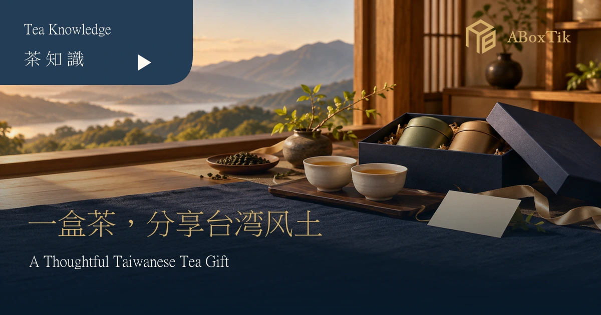 台湾茶送礼情境：木桌上的深蓝礼盒、茶杯与空白小卡