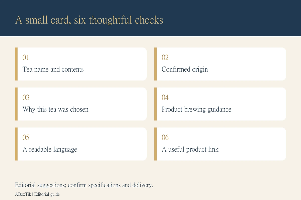 Tea gift-card checklist: tea name, verified origin, personal reason, brewing guide, readable language and a useful contact