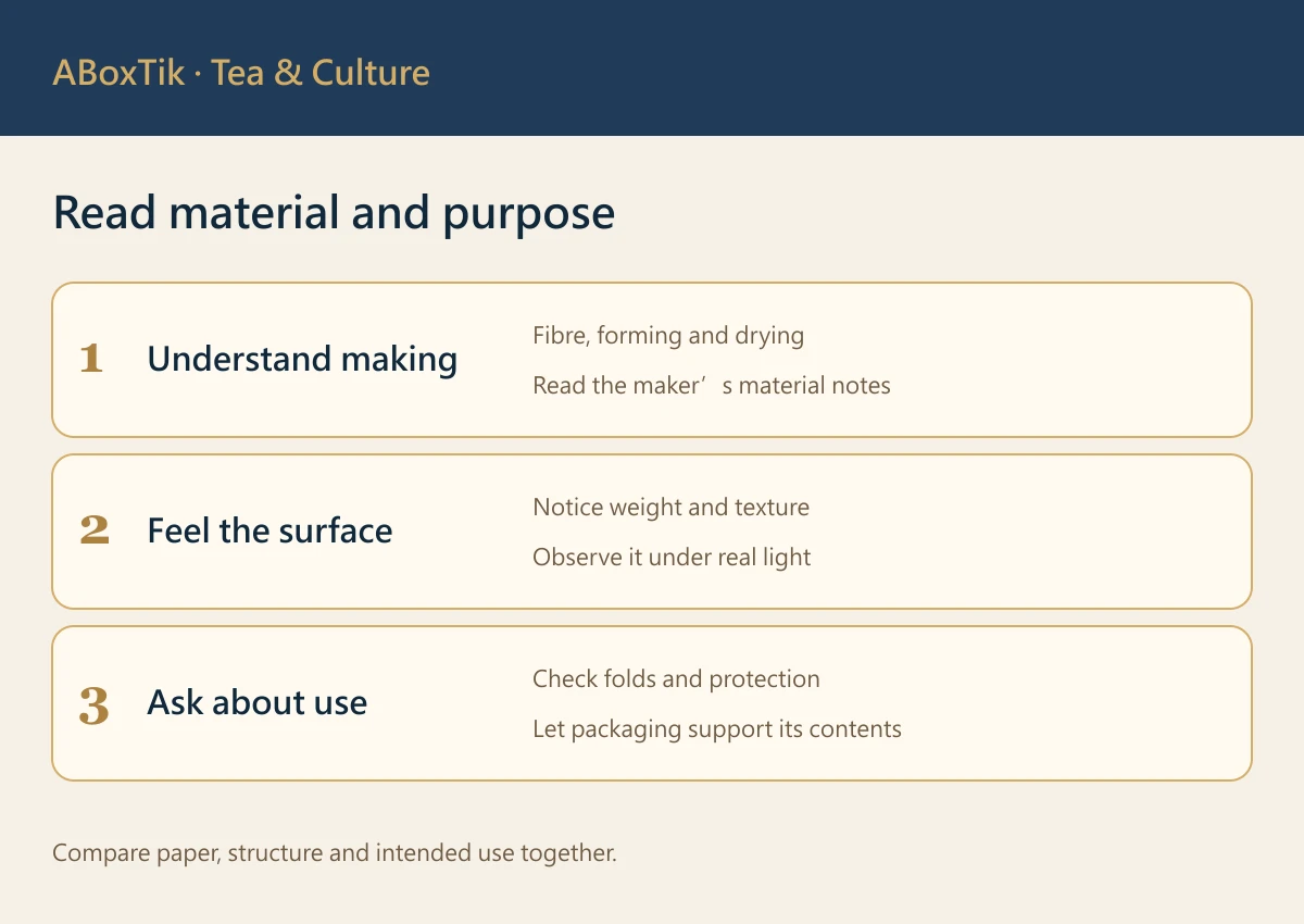 Handmade paper fibre texture beside notes for a tea gift box