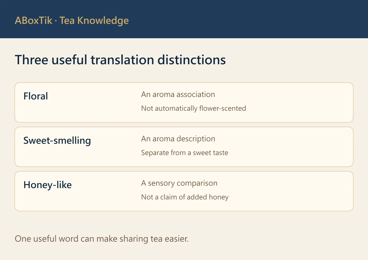 Chinese-English aroma translation card distinguishing floral, sweet-smelling and honey-like