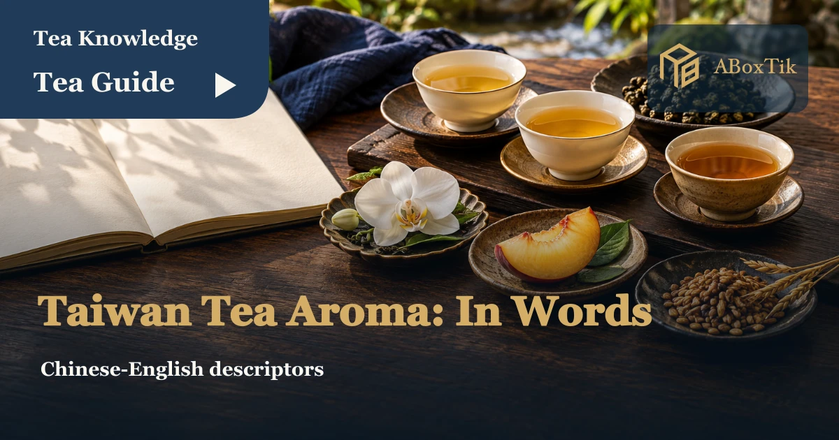 Taiwan tea aroma vocabulary setting with three cups, a notebook and separate flower, fruit and toasted-grain references