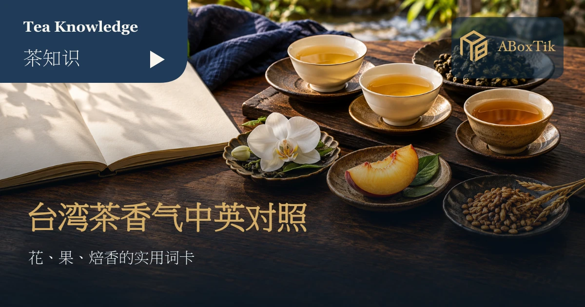 台湾茶香气词汇情境：三杯茶、空白笔记及分开放置的花朵、果实与烘谷参照物