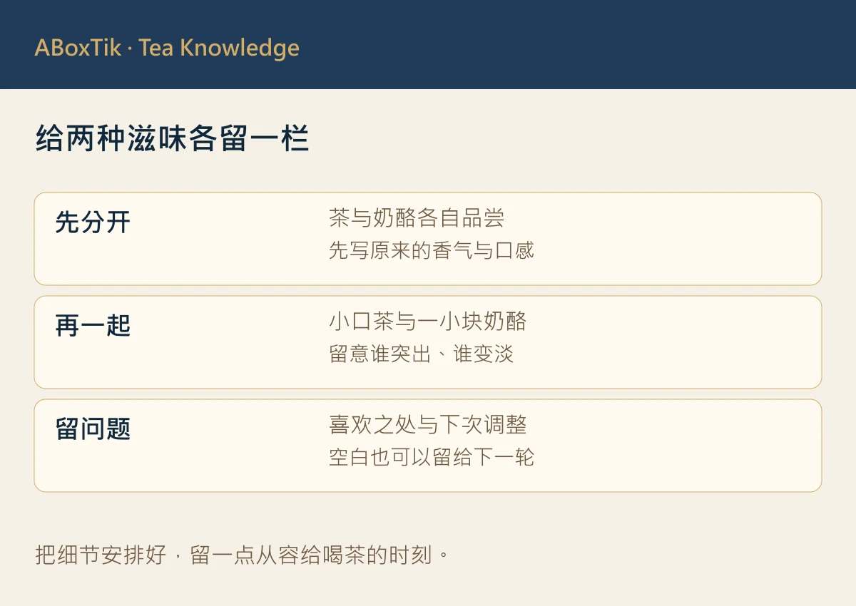 台湾茶奶酪搭配时分别品尝、一起比较与下次调整的记录图