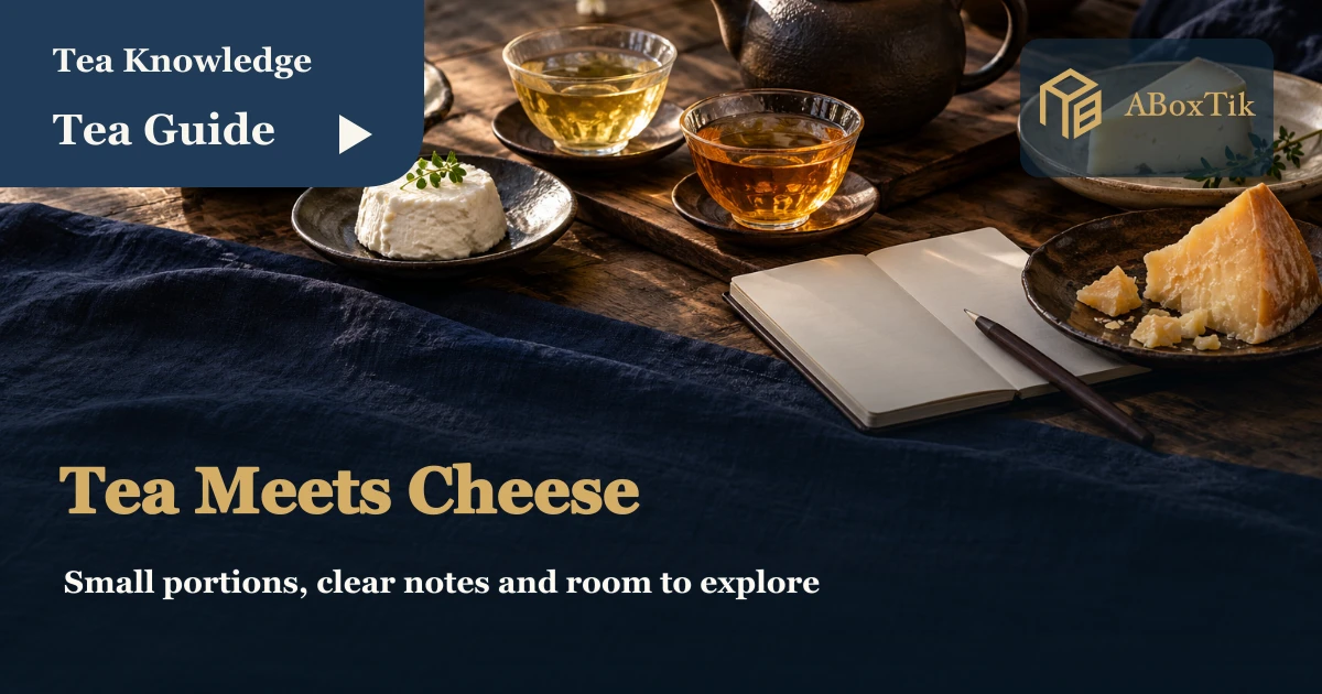 Taiwan tea and cheese pairing with small cups, cheese portions and a blank tasting notebook