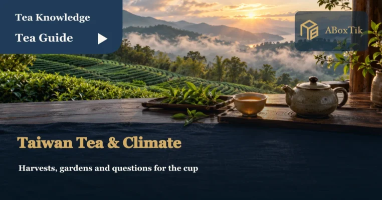 A teapot, tea cup and fresh tea branch on a wooden table overlooking a rain-fresh tea garden and misty hills