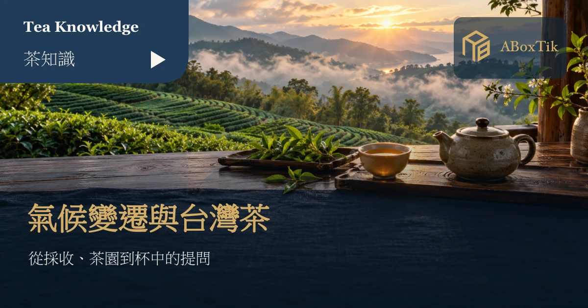 雨後茶園與霧氣山丘前的木桌，擺著茶壺、茶杯與綠色茶枝