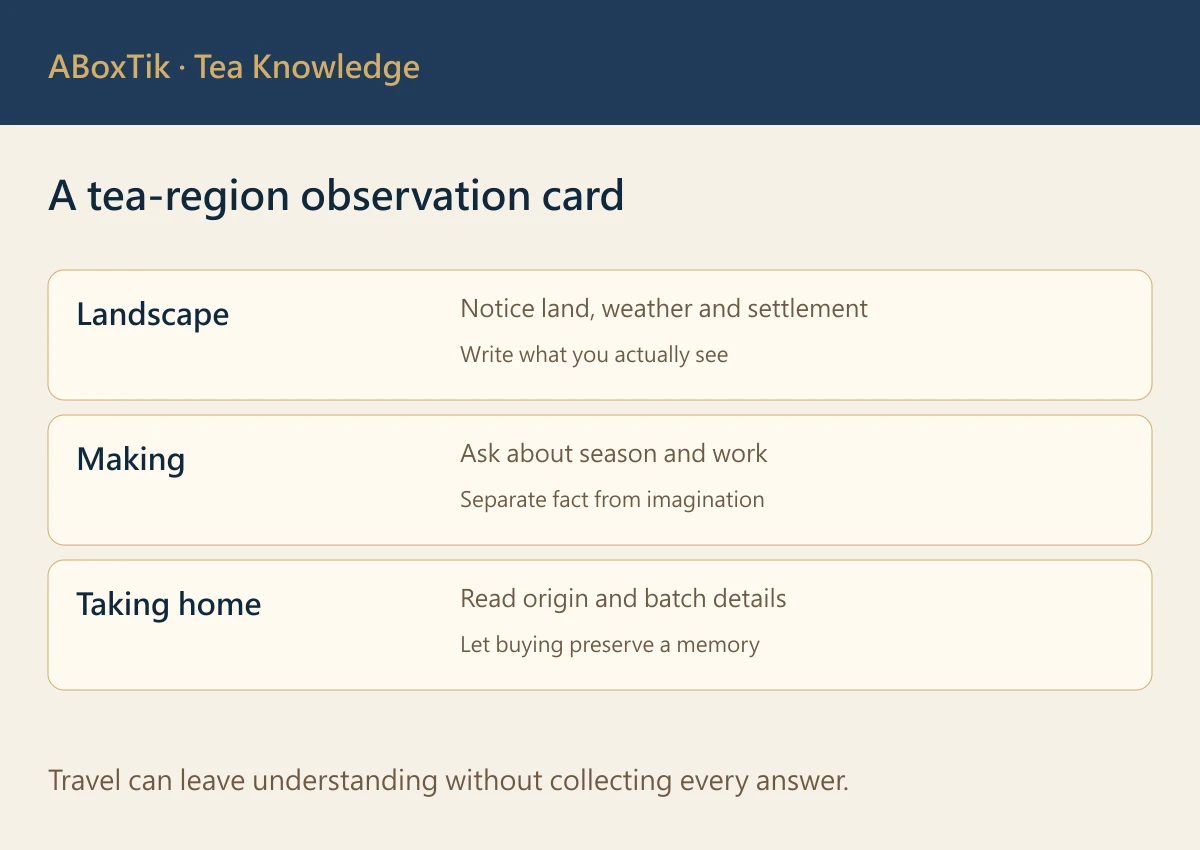 A tea-region notebook with landscape, making and hospitality columns