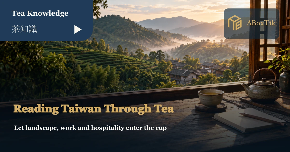Tea, a blank notebook and hills beyond a teahouse window