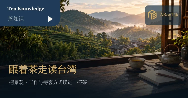 茶馆窗边的茶杯、空白笔记本与远方茶山