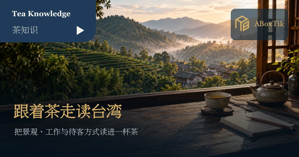 茶馆窗边的茶杯、空白笔记本与远方茶山