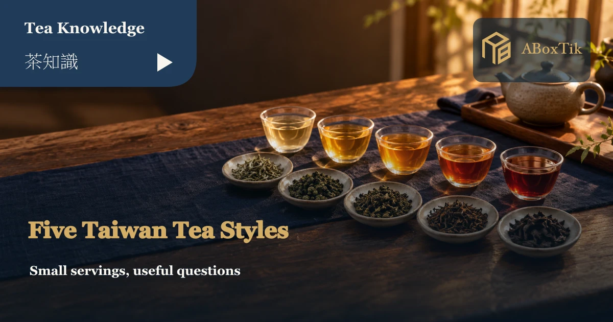 Five cups of different tea colours beside small dry-leaf dishes