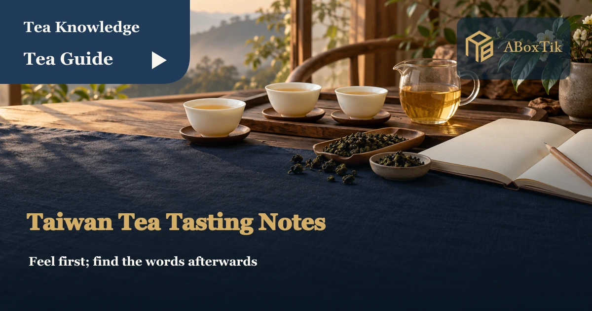 White porcelain tasting cups, a glass pitcher, oolong leaves and an open blank notebook on a warm wooden table