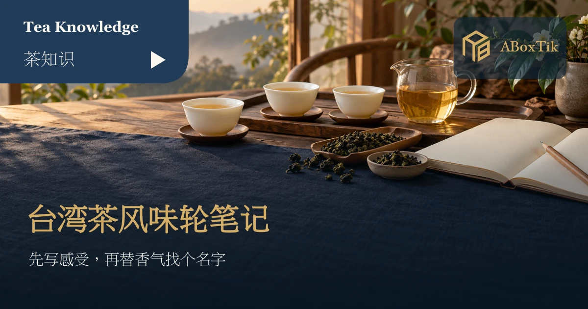 暖色木桌上的白瓷茶杯、茶海、乌龙茶叶与打开的空白笔记本