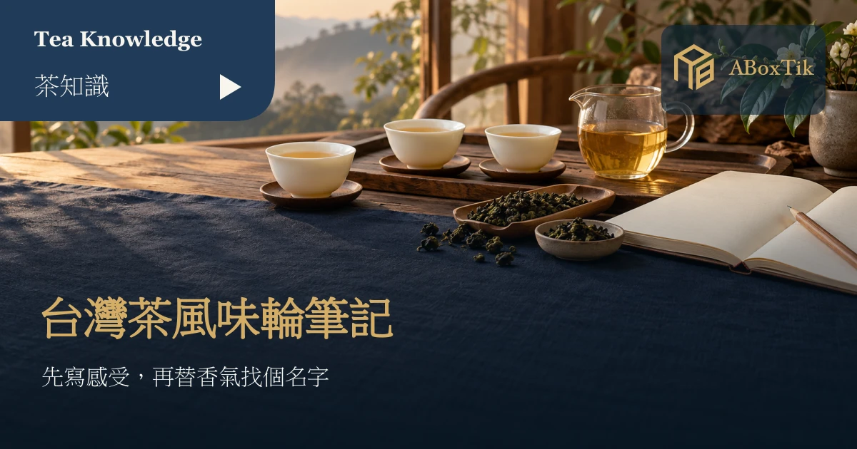 暖色木桌上的白瓷茶杯、茶海、烏龍茶葉與打開的空白筆記本