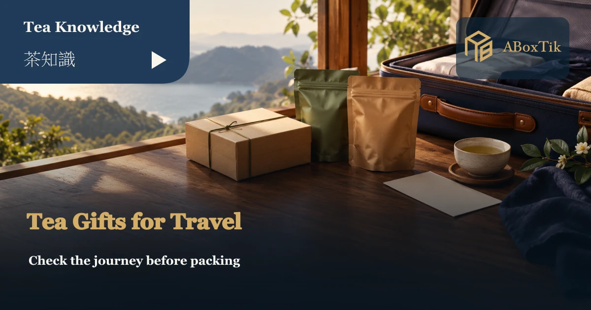 Sealed tea packets, a gift box and a suitcase