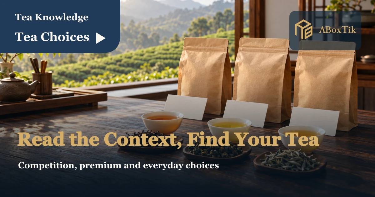 How to Read Taiwan Tea Grades: Competition, Premium and Everyday Tea - ABoxTik 一盒精品 1 Three plain tea packets with dry leaves, tasting cups and blank note cards on a wooden table