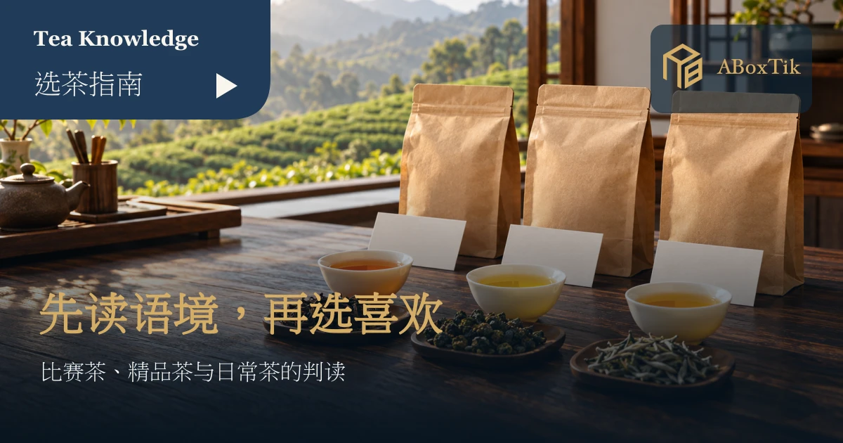 三款素色茶袋、干茶与茶杯放在木桌上，旁有空白笔记卡