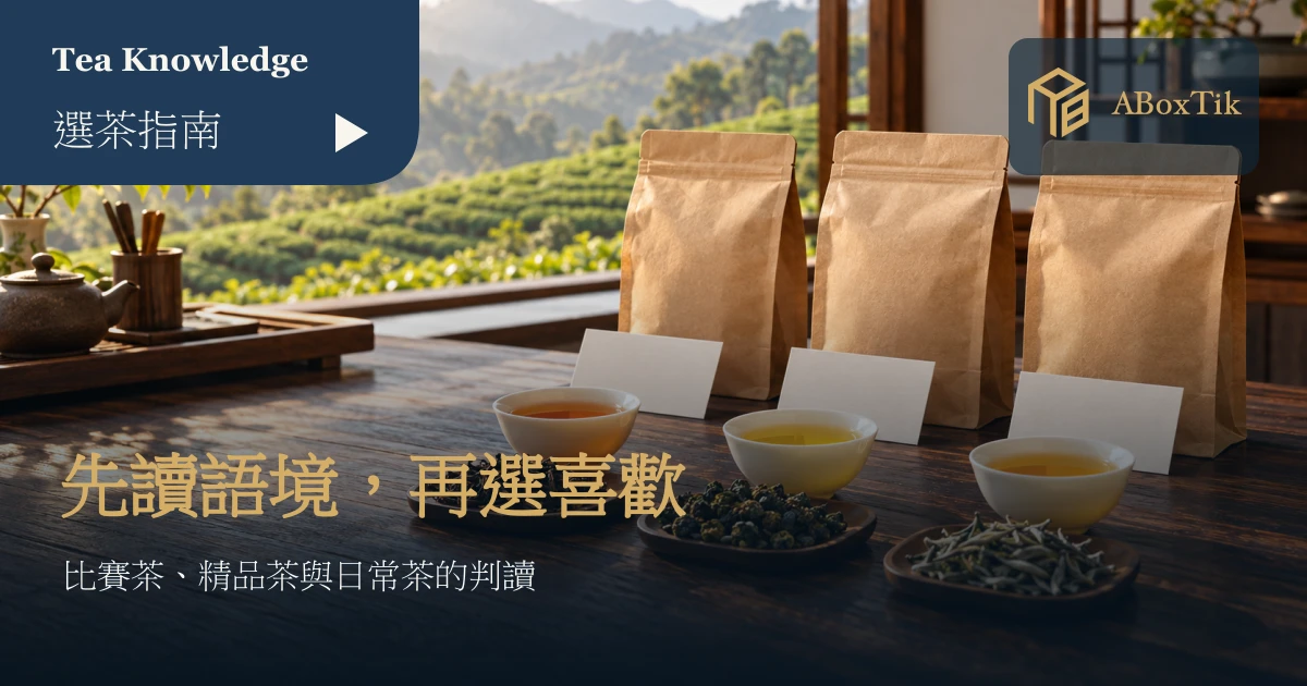 三款素色茶袋、乾茶與茶杯放在木桌上，旁有空白筆記卡
