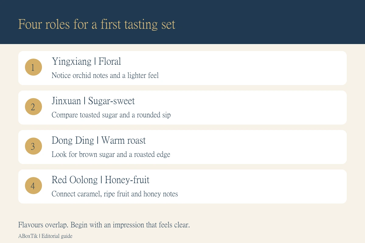 Taiwanese tea starter set flavour guide with floral Yingxiang, sweet Jinxuan, roasted Dong Ding and honey-fruit Red Oolong