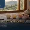 Taiwanese tea starter set tasting scene with four cups, a teapot and a blank journal on a wood table