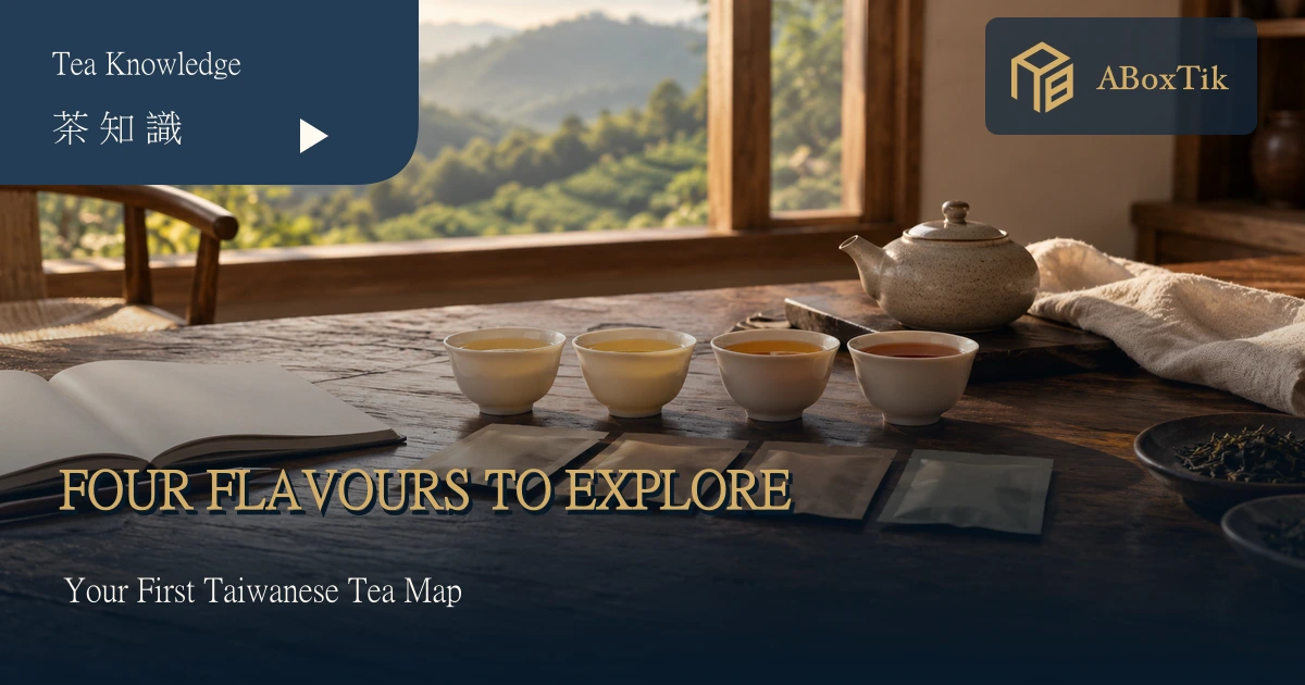 Taiwanese tea starter set tasting scene with four cups, a teapot and a blank journal on a wood table