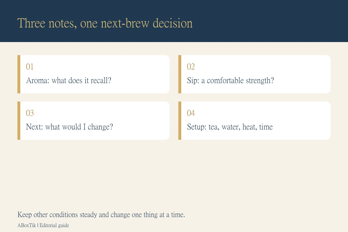 Taiwanese tea starter set tasting journal with aroma, mouthfeel and next-brew adjustment columns