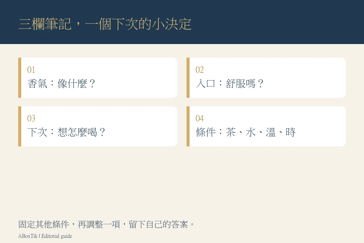 台灣茶入門組三欄品飲筆記圖：記香氣、入口感與下一次調整