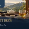 Taiwanese tea steeping time: a warm tea setting with pot, pitcher, cups and timer
