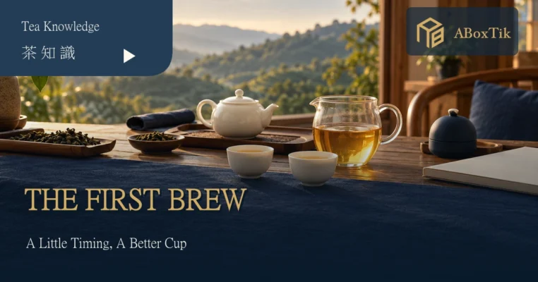 Taiwanese tea steeping time: a warm tea setting with pot, pitcher, cups and timer