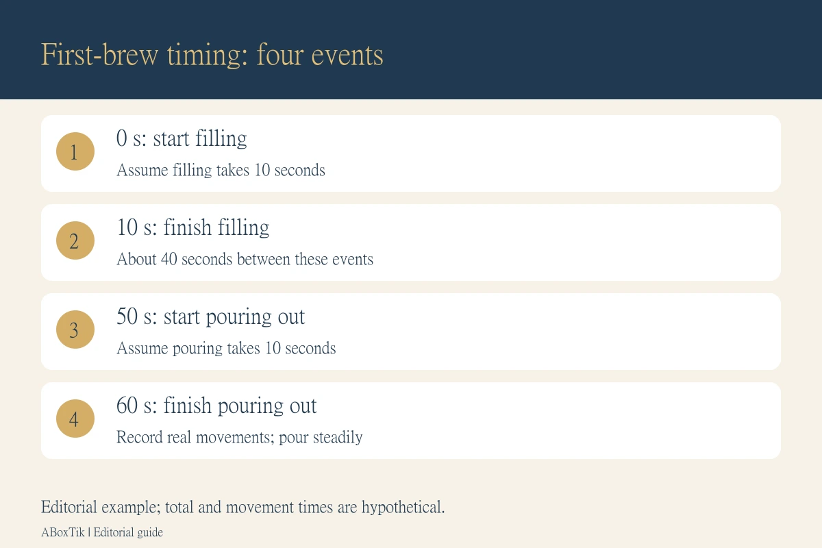 Taiwanese tea steeping time exercise showing filling, waiting, starting to pour and finishing the pour