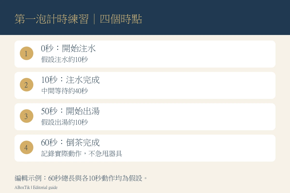 台灣茶浸泡時間的計時練習：注水、等待、開始出湯與倒完四個時點