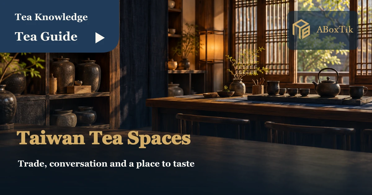 Taiwan teahouse culture with timber tea shelves, a window table and a contemporary counter