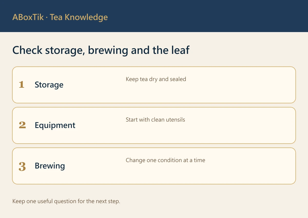 Tea aroma troubleshooting map for opened tea, equipment and brewing conditions