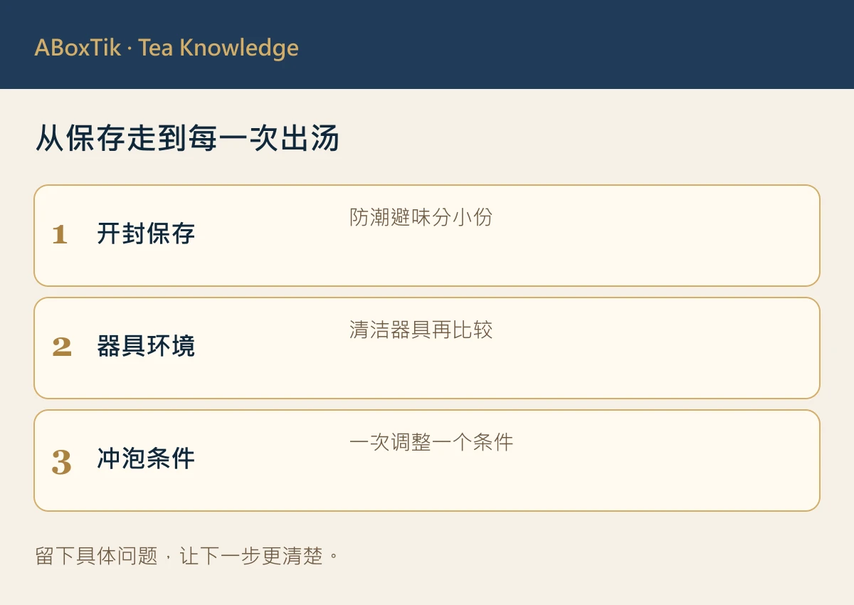 茶香持久度排查图：开封保存、器具环境与冲泡条件
