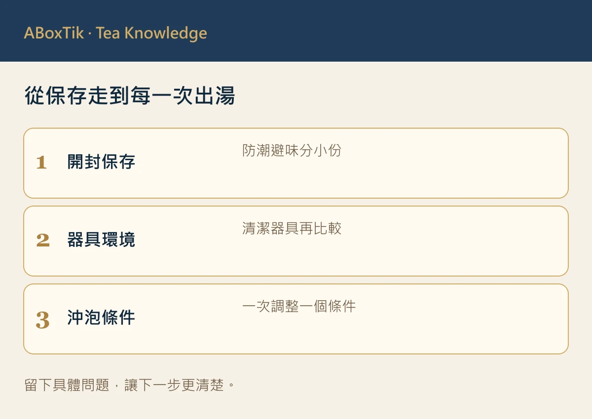 茶香持久度排查圖：開封保存、器具環境與沖泡條件