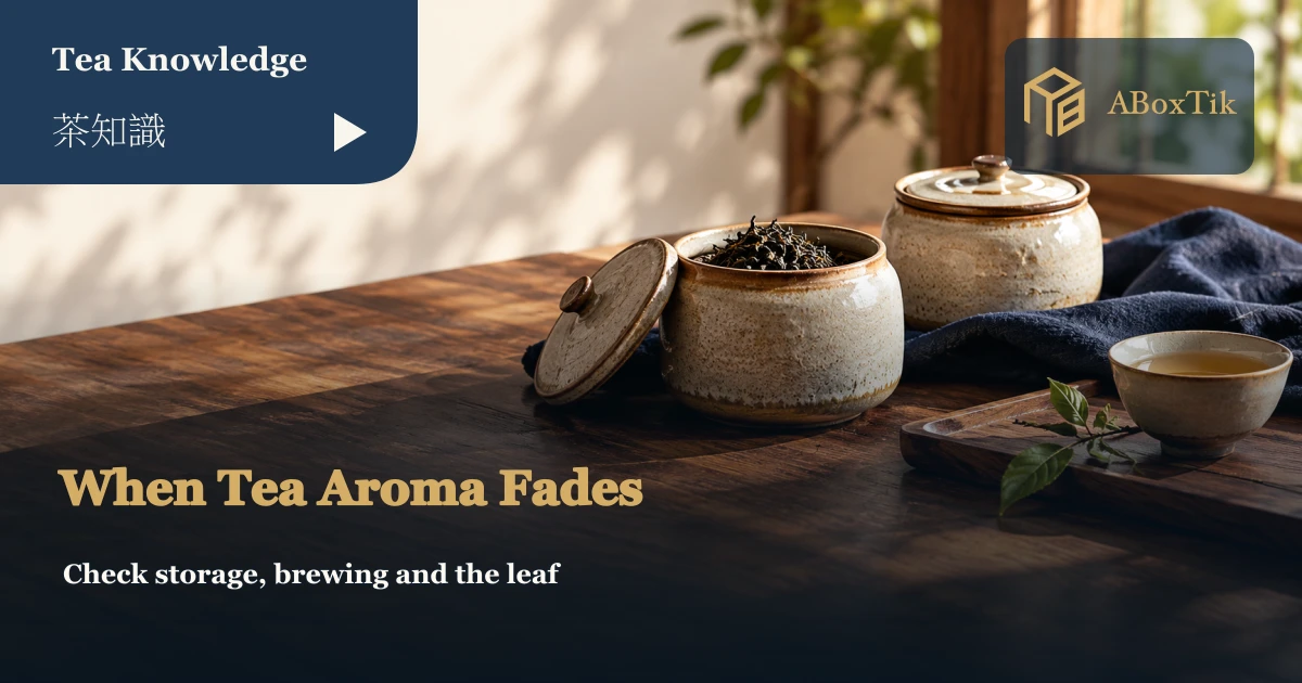 Tea storage jars, dry leaves and a cup on a wooden table