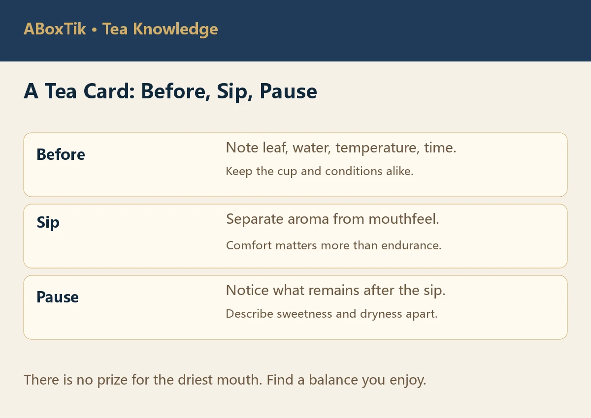 Three-step tasting card: before, sip and pause