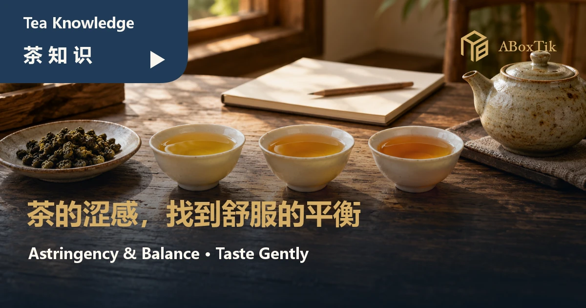 暖色茶席上的三杯金色茶汤、陶壶与空白品饮笔记