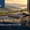Warm window-side setting with three tea cups, a ceramic pot and a closed notebook