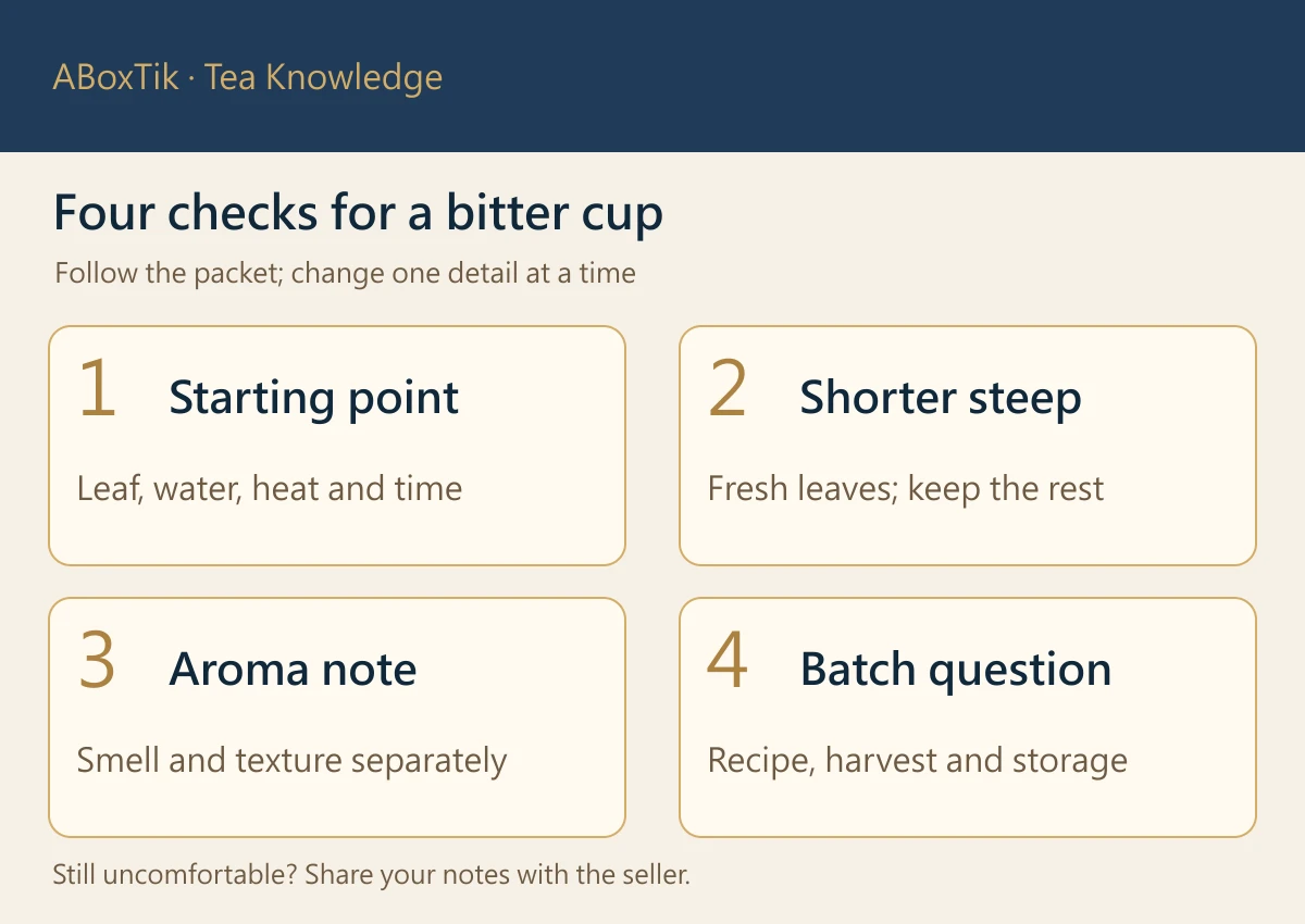 Four checks: record the recipe, compare fresh leaves with a shorter steep, note aroma and ask about the batch