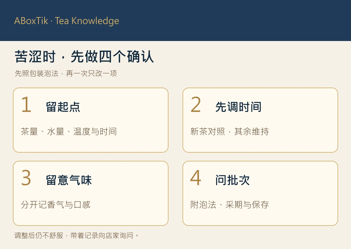 茶叶苦味还是涩味?分辨正常苦韵、冲泡过浓与异常信号 - ABoxTik 一盒精品 3 记录冲泡起点、用新茶调整时间、观察气味与询问批次的四步试泡卡