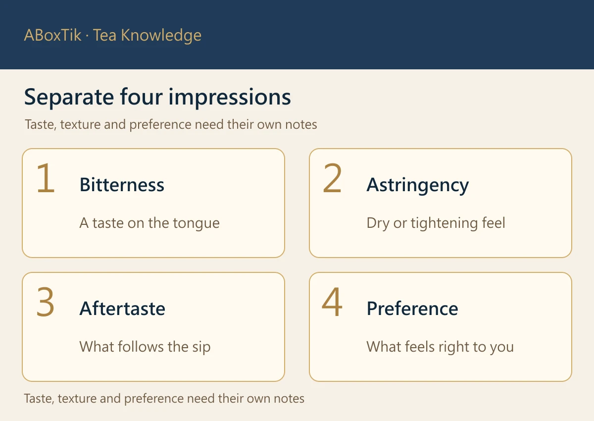 Four impressions for tea notes: bitterness, astringency, aftertaste and personal preference