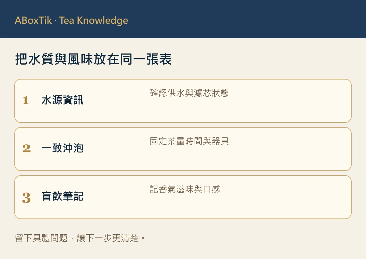 泡茶用水比較圖：水源資訊、一致沖泡與盲飲筆記