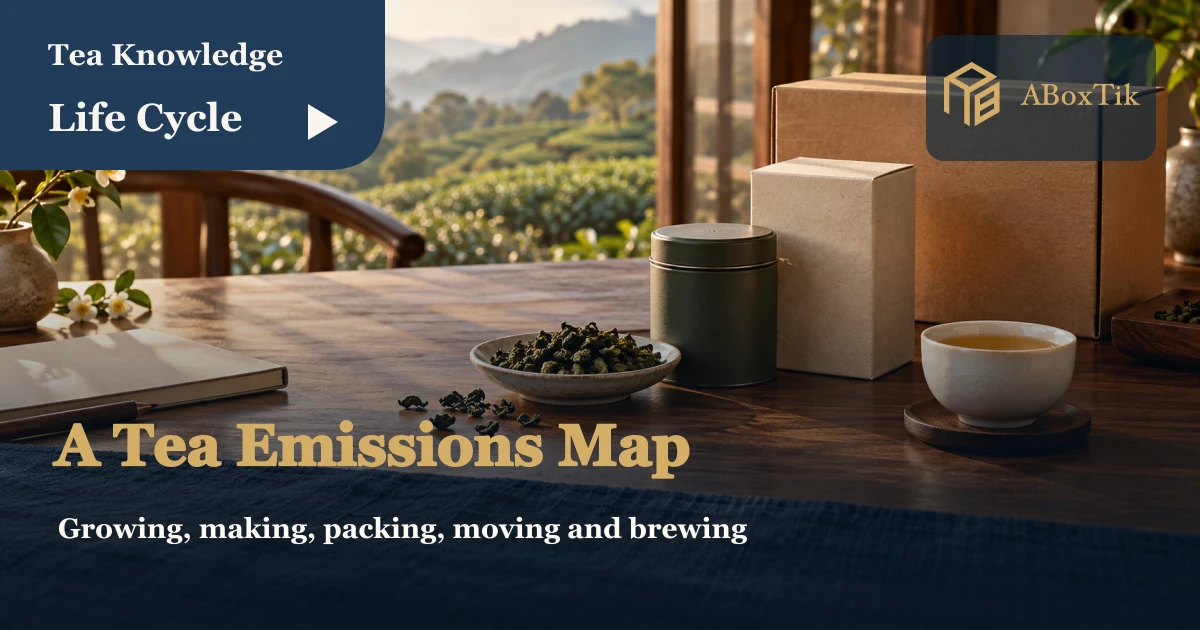 Where Does Tea’s Carbon Footprint Come From? A Life-Cycle Guide - ABoxTik 一盒精品 1 Tea lifecycle study scene with dry tea, a plain tin, cartons, a shipping box and a cup